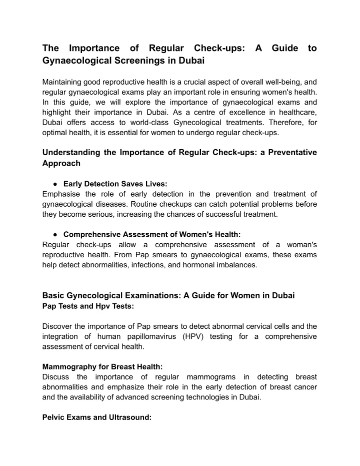 the gynaecological screenings in dubai