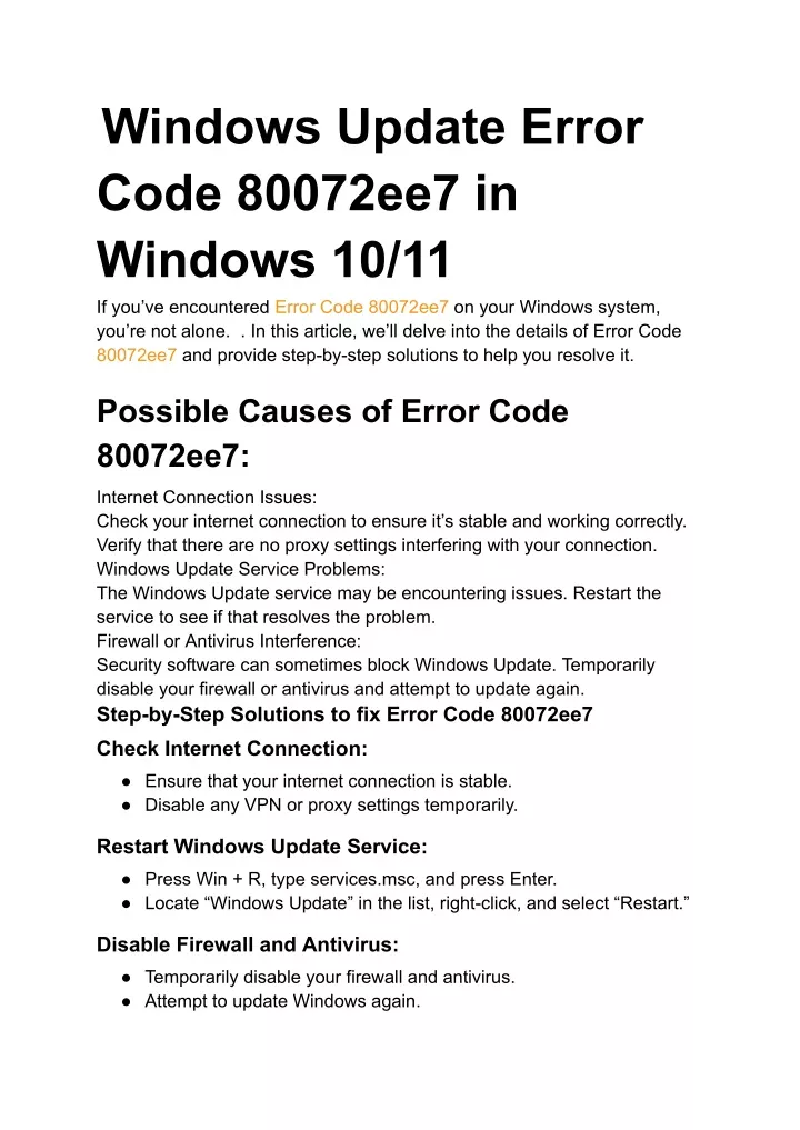 windows update error code 80072ee7 in windows