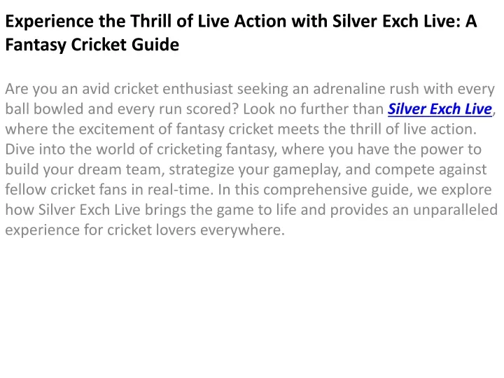 experience the thrill of live action with silver exch live a fantasy cricket guide