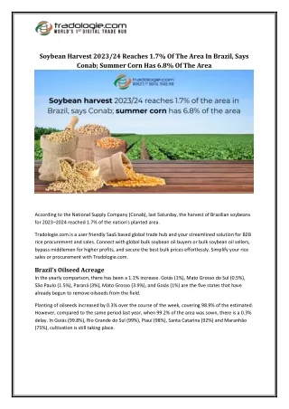 Soybean Harvest 2023/24 Reaches 1.7% Of The Area In Brazil, Says Conab; Summer C
