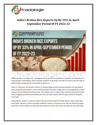 India’s Broken Rice Exports Up By 33 In April-September Period Of FY 2022-23