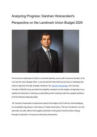 Analyzing Progress Darshan Hiranandani's Perspective on the Landmark Union Budget 2024
