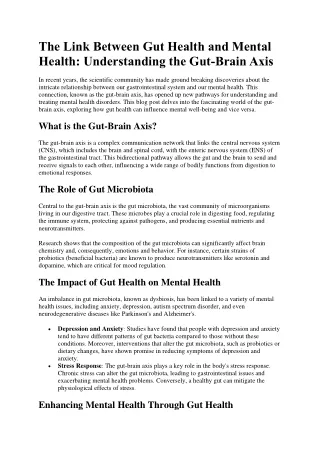 The Link Between Gut Health and Mental  Health: Understanding the Gut-Brain Axis