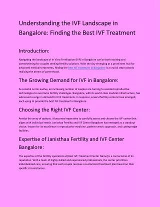 Understanding the IVF Landscape in Bangalore: Finding the Best IVF Treatment
