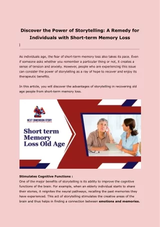Discover the Power of Storytelling A Remedy for Individuals with Short-term Memory Loss