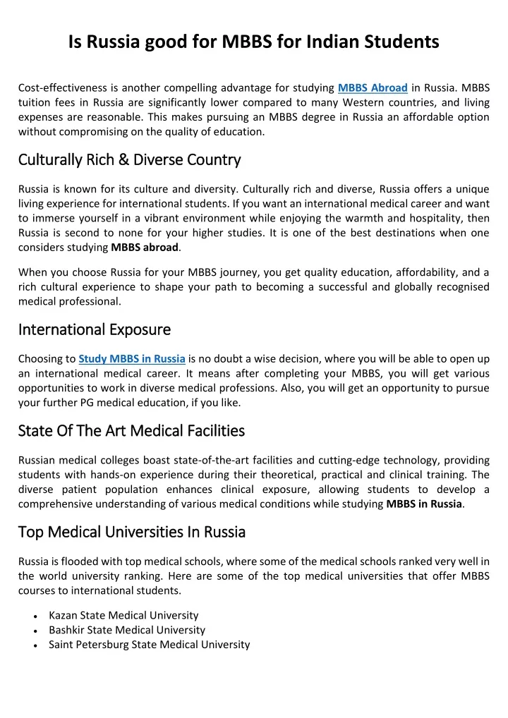 is russia good for mbbs for indian students