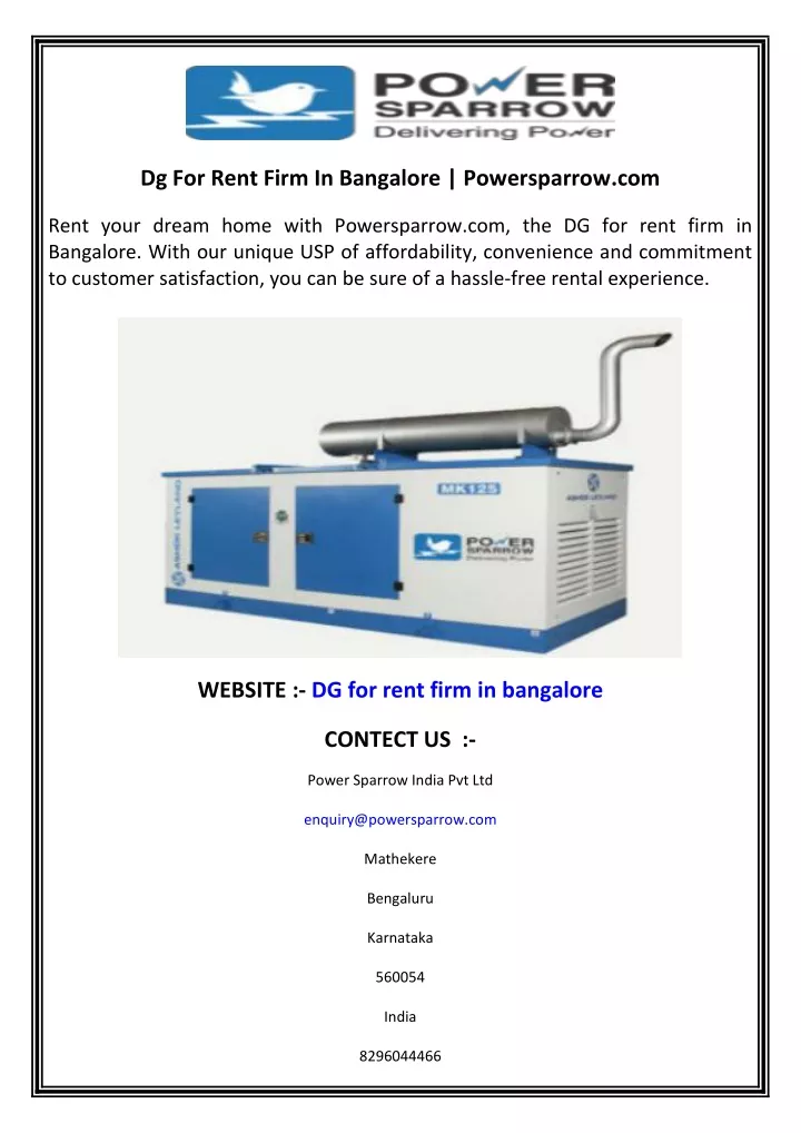 dg for rent firm in bangalore powersparrow com