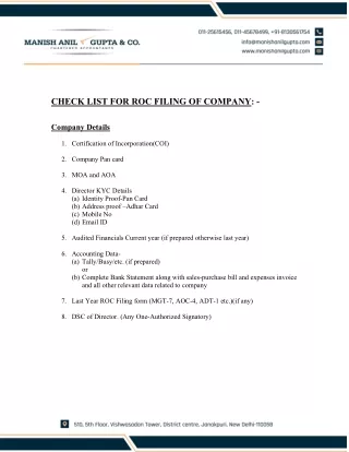 check list for roc filing of company company