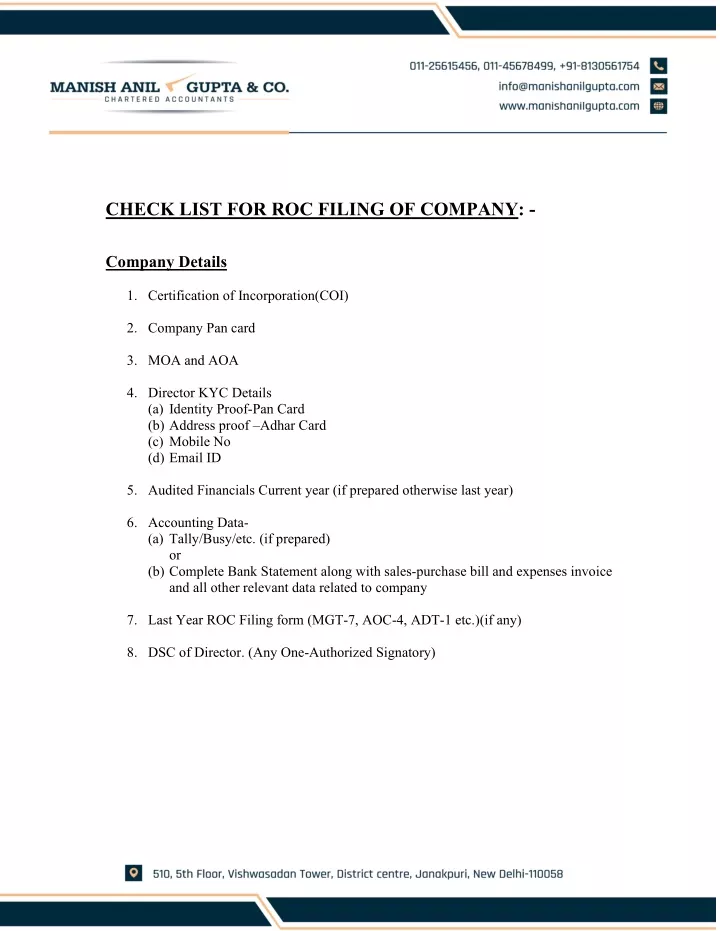check list for roc filing of company company
