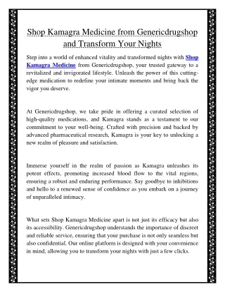 Shop Kamagra Medicine from Genericdrugshop and Transform Your Nights