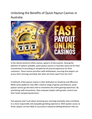 Unlocking the Benefits of Quick Payout Casinos in Australia