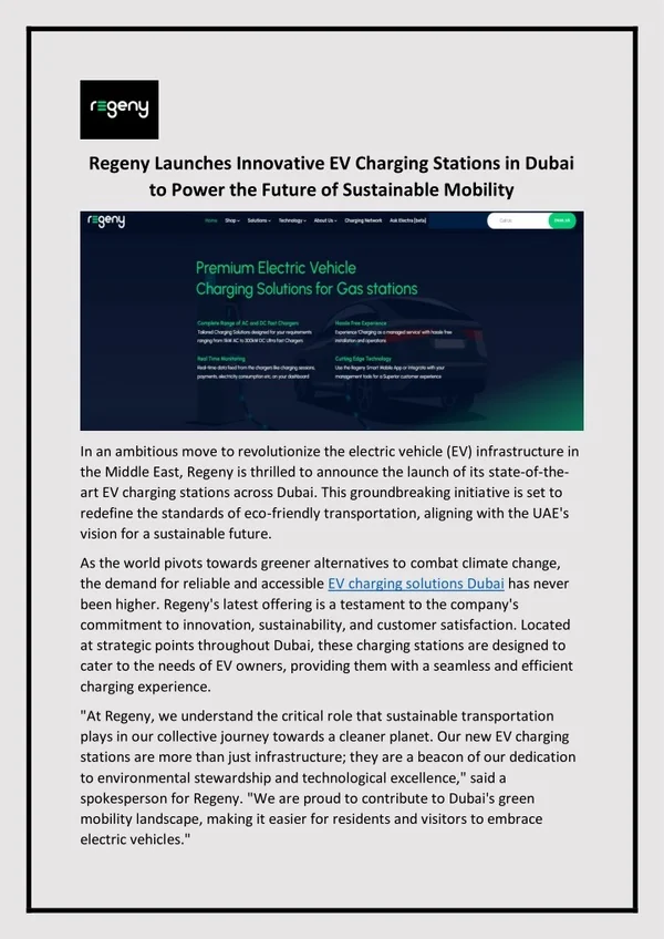 EV Charging Stations in Dubai - Regeny