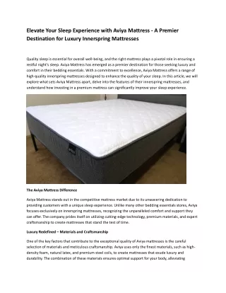 Elevate Your Sleep Experience with Aviya Mattress - A Premier Destination for Lu