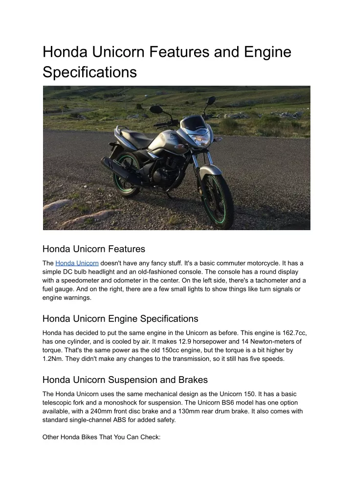 honda unicorn features and engine specifications