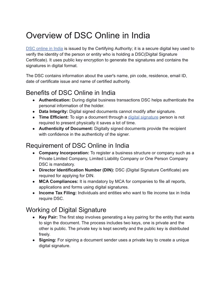overview of dsc online in india