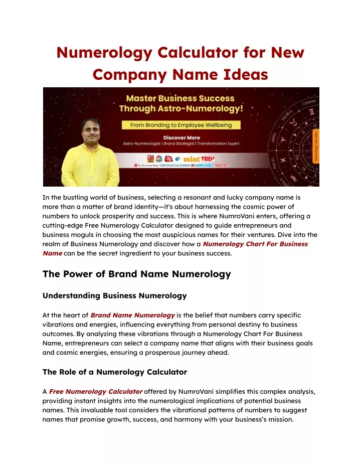 numerology calculator for new company name ideas