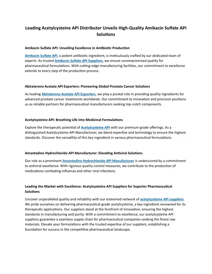 leading acetylcysteine api distributor unveils