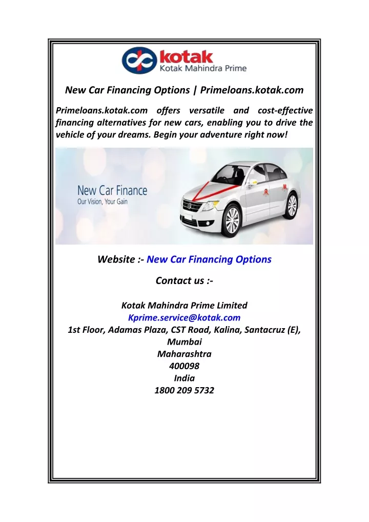 new car financing options primeloans kotak com