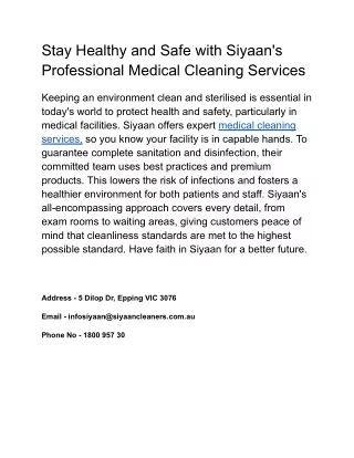 Stay Healthy and Safe with Siyaan's Professional Medical Cleaning Services