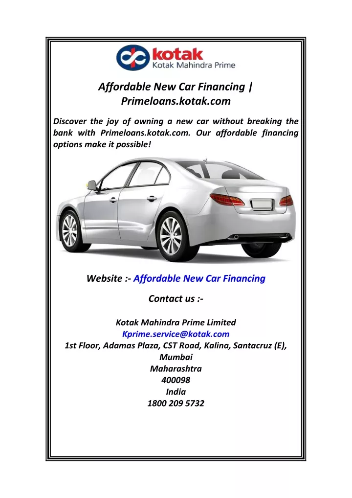 affordable new car financing primeloans kotak com