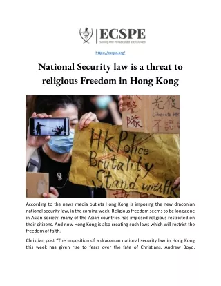 National Security law is a threat to religious Freedom in Hong Kong