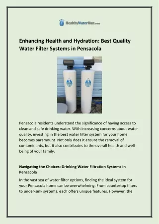 Enhancing Health and Hydration Best Quality Water Filter Systems in Pensacola