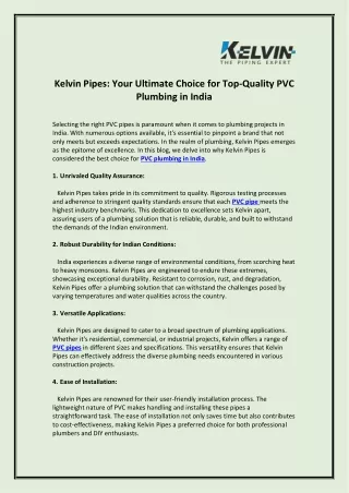 Kelvin Pipes Your Ultimate Choice for Top-Quality PVC Plumbing in India