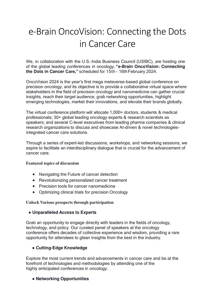 e brain oncovision connecting the dots i n c a n c e r c a r e