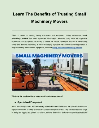 Learn The Benefits of Trusting Small Machinery Movers