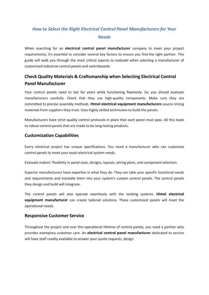 how to select the right electrical control panel