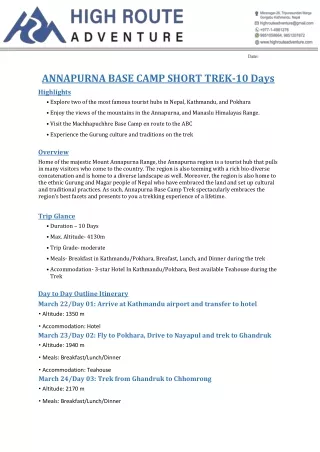 Annapurna Base Camp Short Trek- 10 days HK