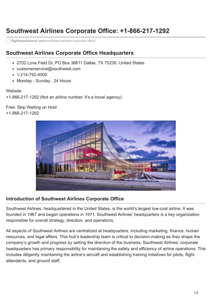 southwest airlines corporate office 1 866 217 1292