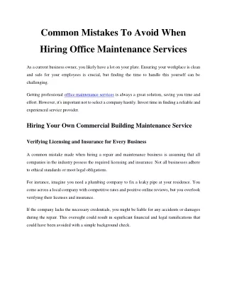 Common Mistakes to Avoid When Hiring Office Maintenance Services