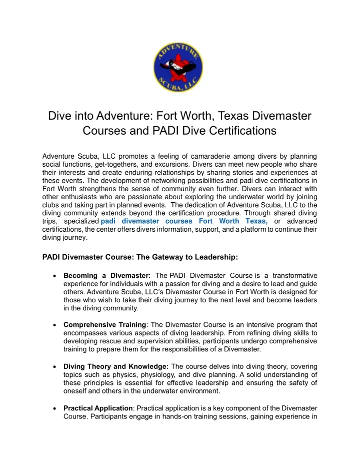 dive into adventure fort worth texas divemaster