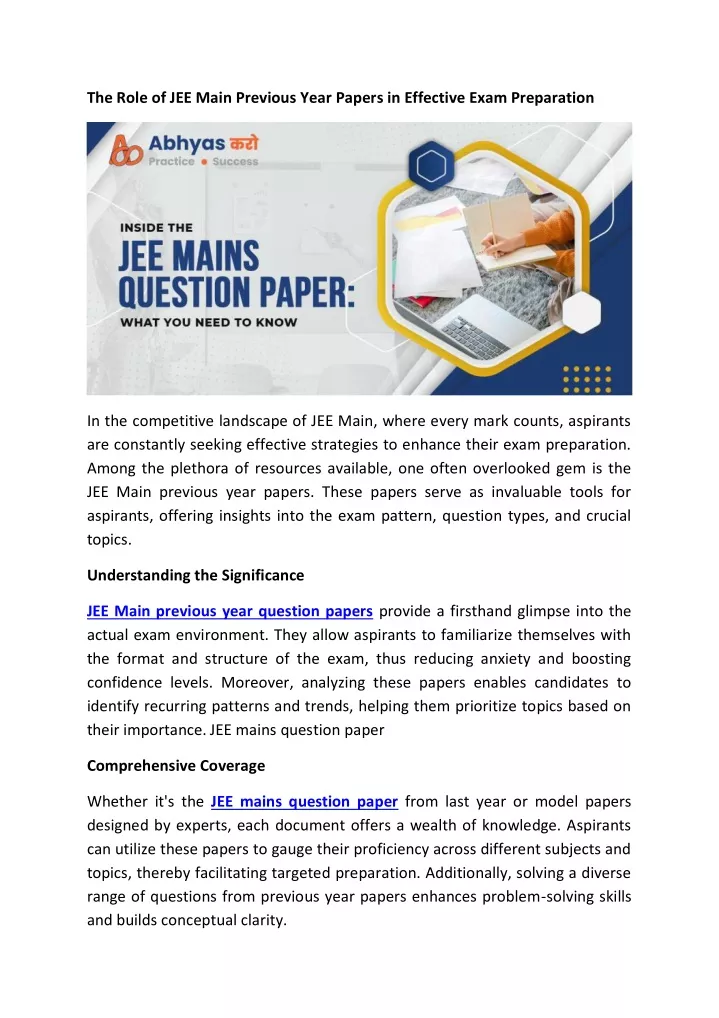 the role of jee main previous year papers
