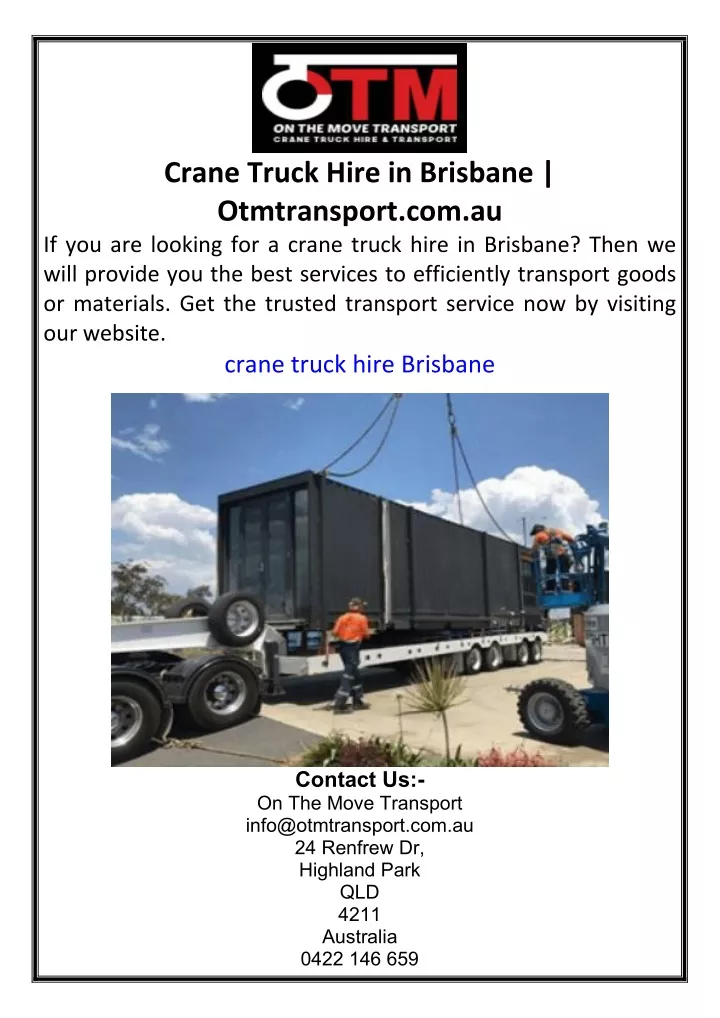 crane truck hire in brisbane otmtransport