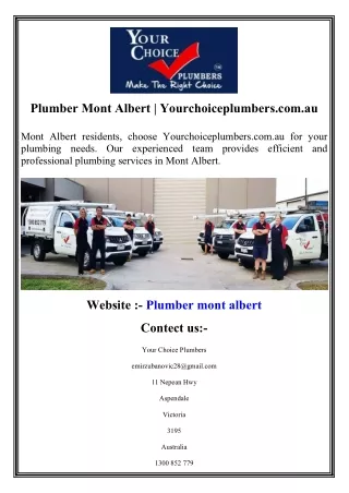 Plumber Mont Albert Yourchoiceplumbers.com.au