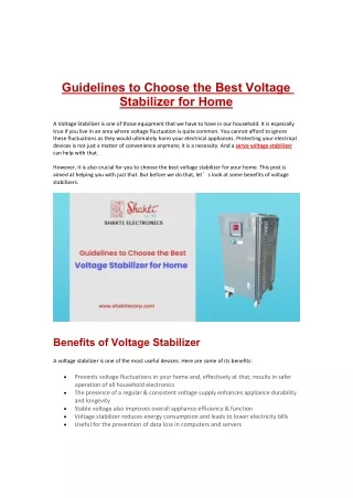 Guidelines to Choose the Best Voltage Stabilizer for Home