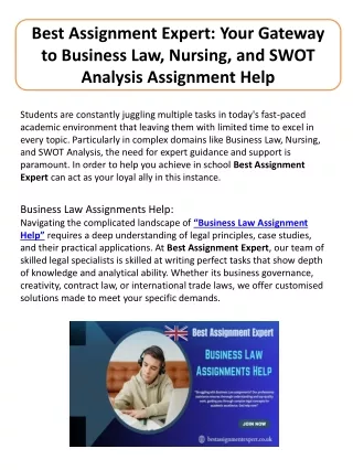 Business Law Assignment Help, Nursing Assignment Help UK and SWOT Analysis Assignment Help