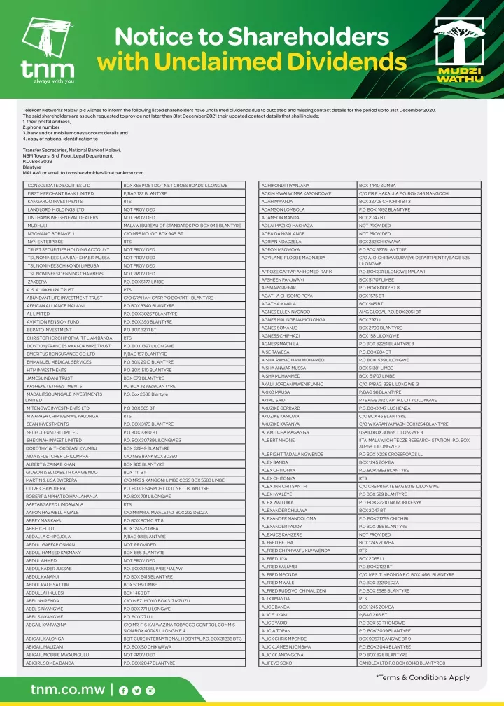 notice to shareholders with unclaimed dividends