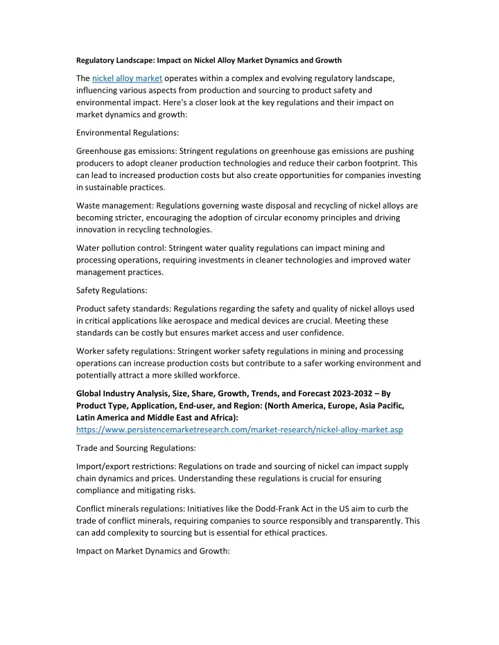 regulatory landscape impact on nickel alloy