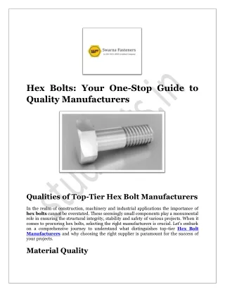 Hex Bolts Your One-Stop Guide to Quality Manufacturers