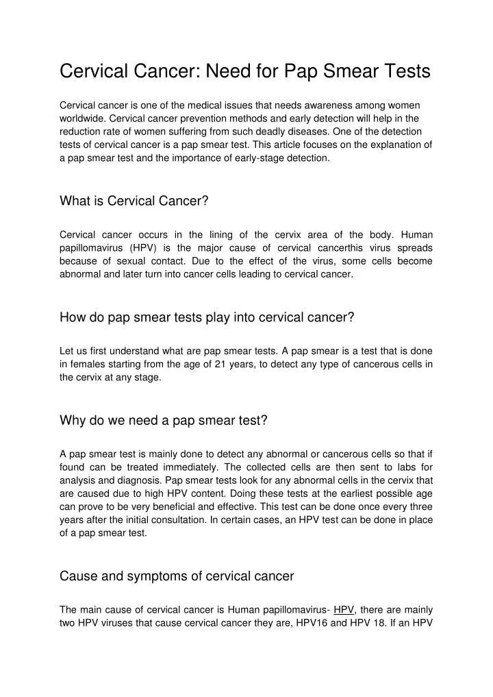 cervical cancer need for pap smear tests