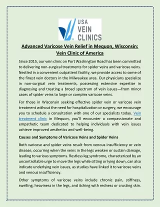 Advanced Varicose Vein Relief in Mequon, Wisconsin- Vein Clinic of America