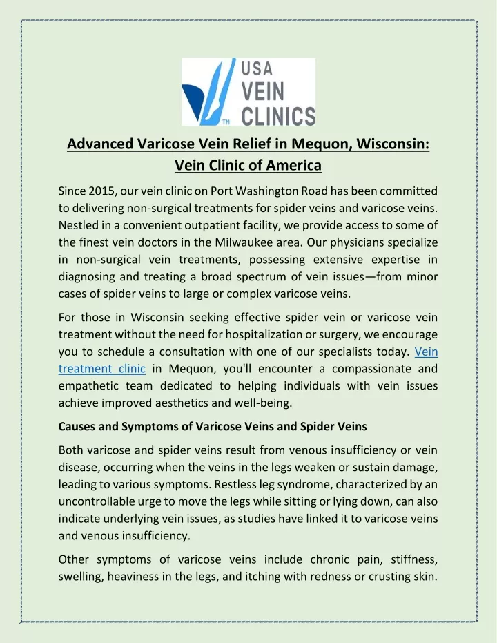advanced varicose vein relief in mequon wisconsin