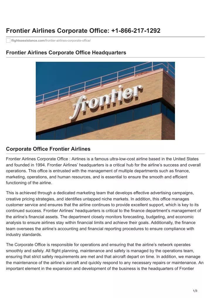 frontier airlines corporate office 1 866 217 1292