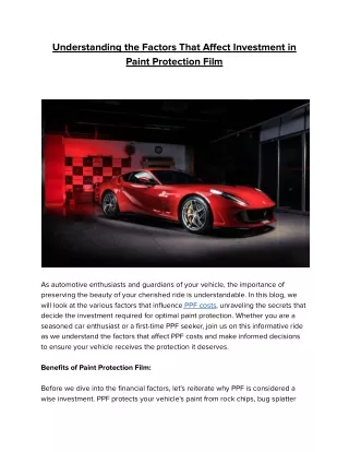 Understanding the Factors That Affect  in Paint Protection Film(PPF) Cost