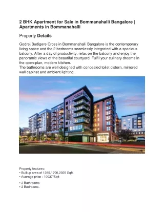2 BHK Apartment for Sale in Bommanahalli Bangalore