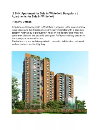 2 BHK Apartment for Sale in Whitefield Bangalore