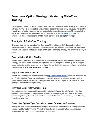 Zero Loss Option Strategy: Mastering Risk-Free Trading
